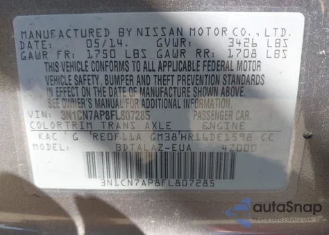 2015 Nissan Versa 1.6 S+ z USA, uszkodzony, nr VIN 3N1CN7AP8FL807285